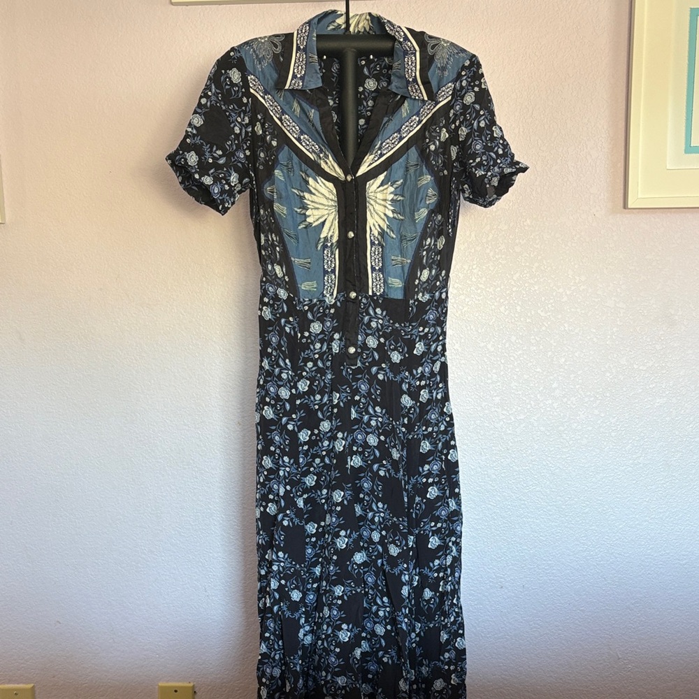 Sandro Navy and Cream Floral Midi Dress